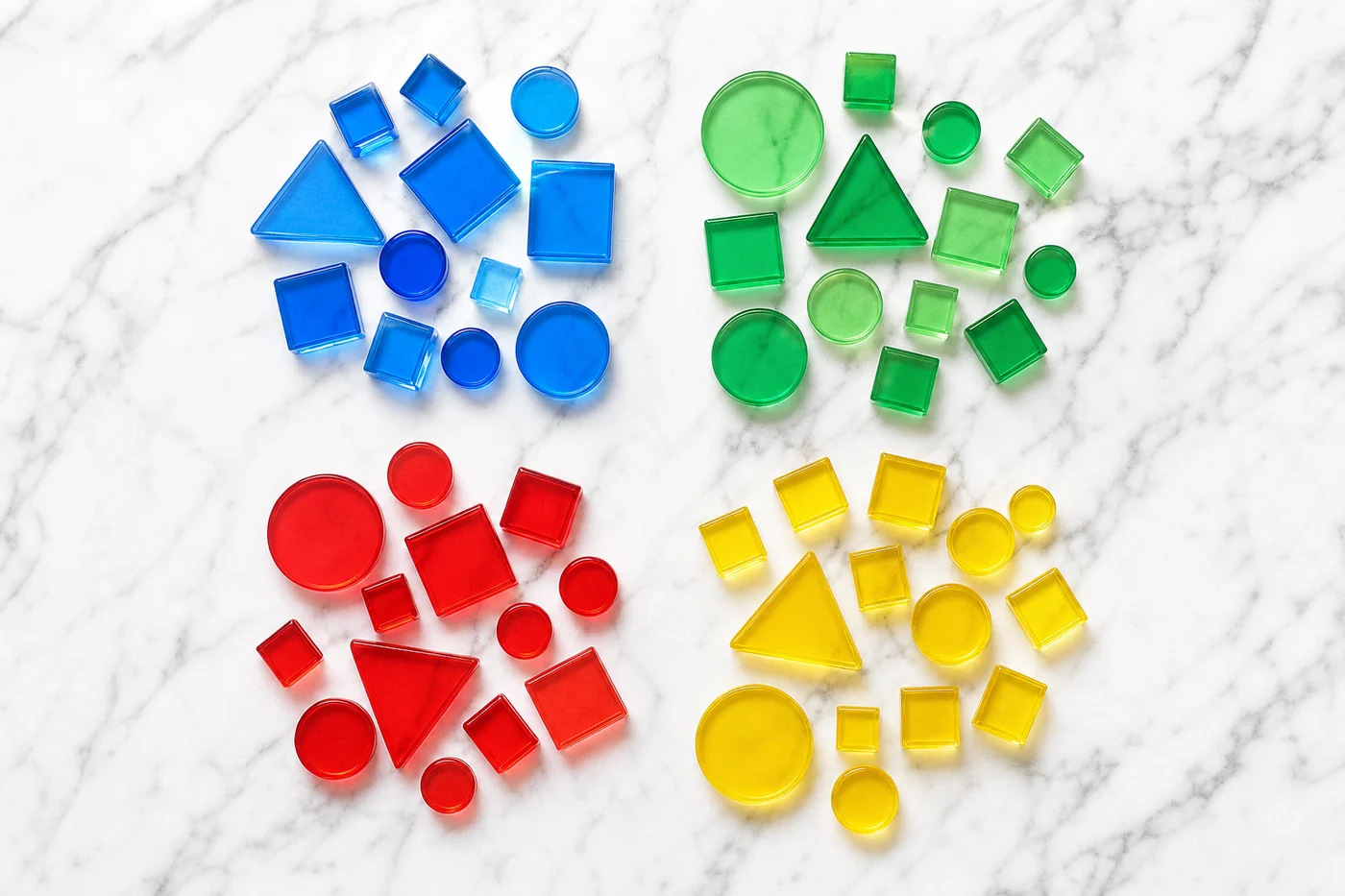 Pièces colorées disposées en composition graphique
